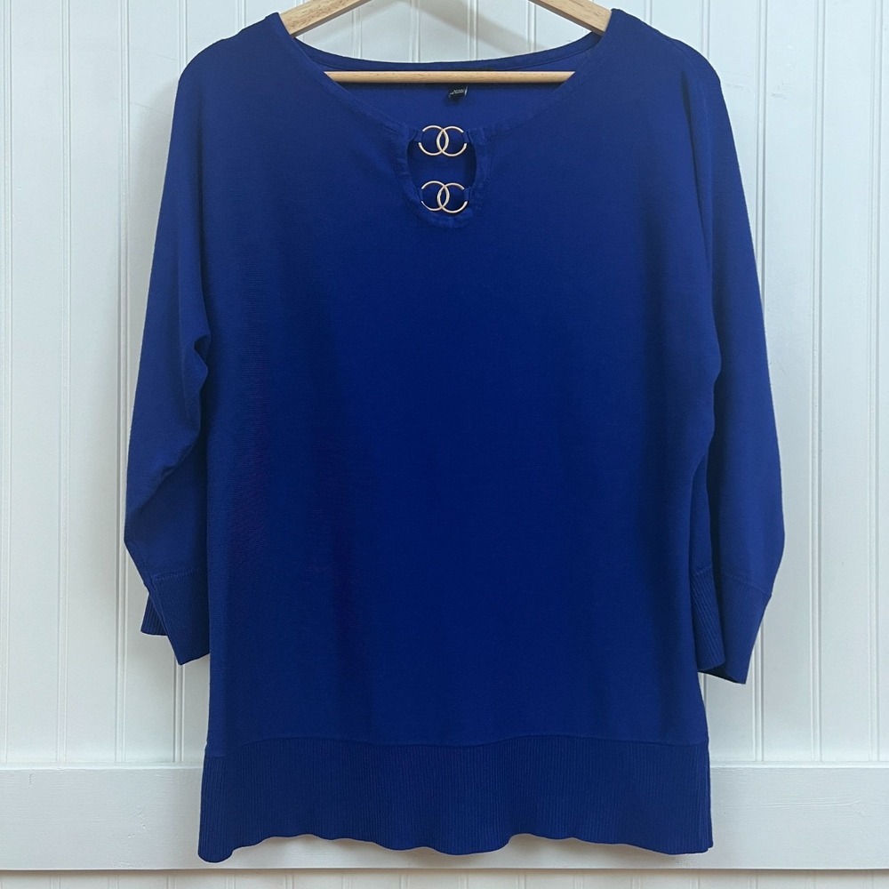 Cable Gauge Blue 3/4 Sleeve Sweater Tunic Top Gold Rings Detail V-Neck Women's M